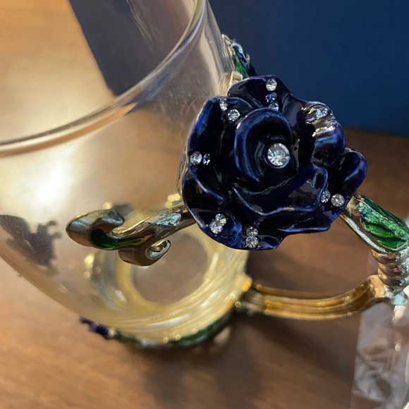 Glass Tea Cup,Coffee Mug Enamel Rose Flower Butterfly Cup w Spoon, Lid & box New - Picture 3 of 8